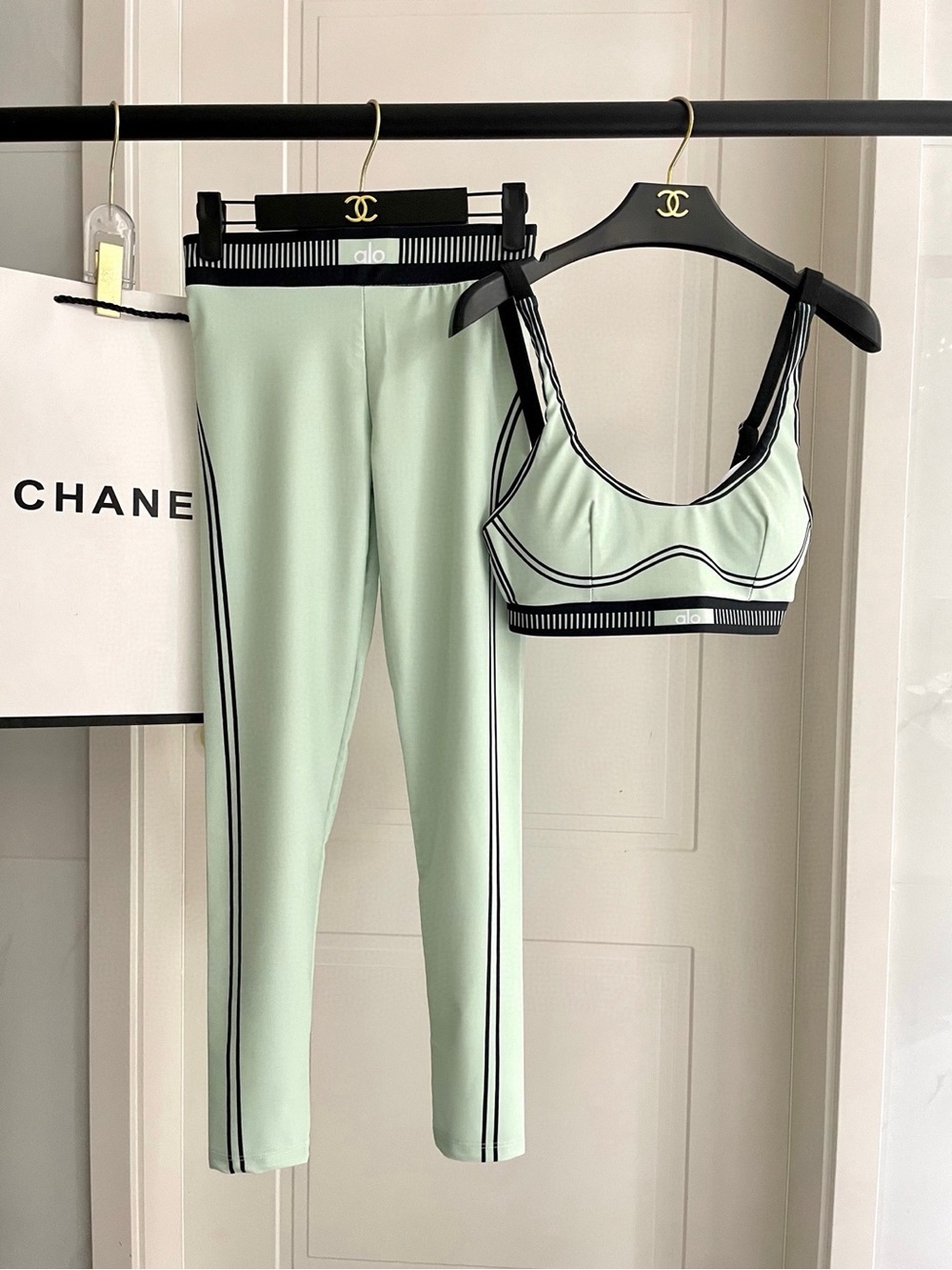 ALO Yoga Mint Sage Two-Piece Active Set with Black Trim
